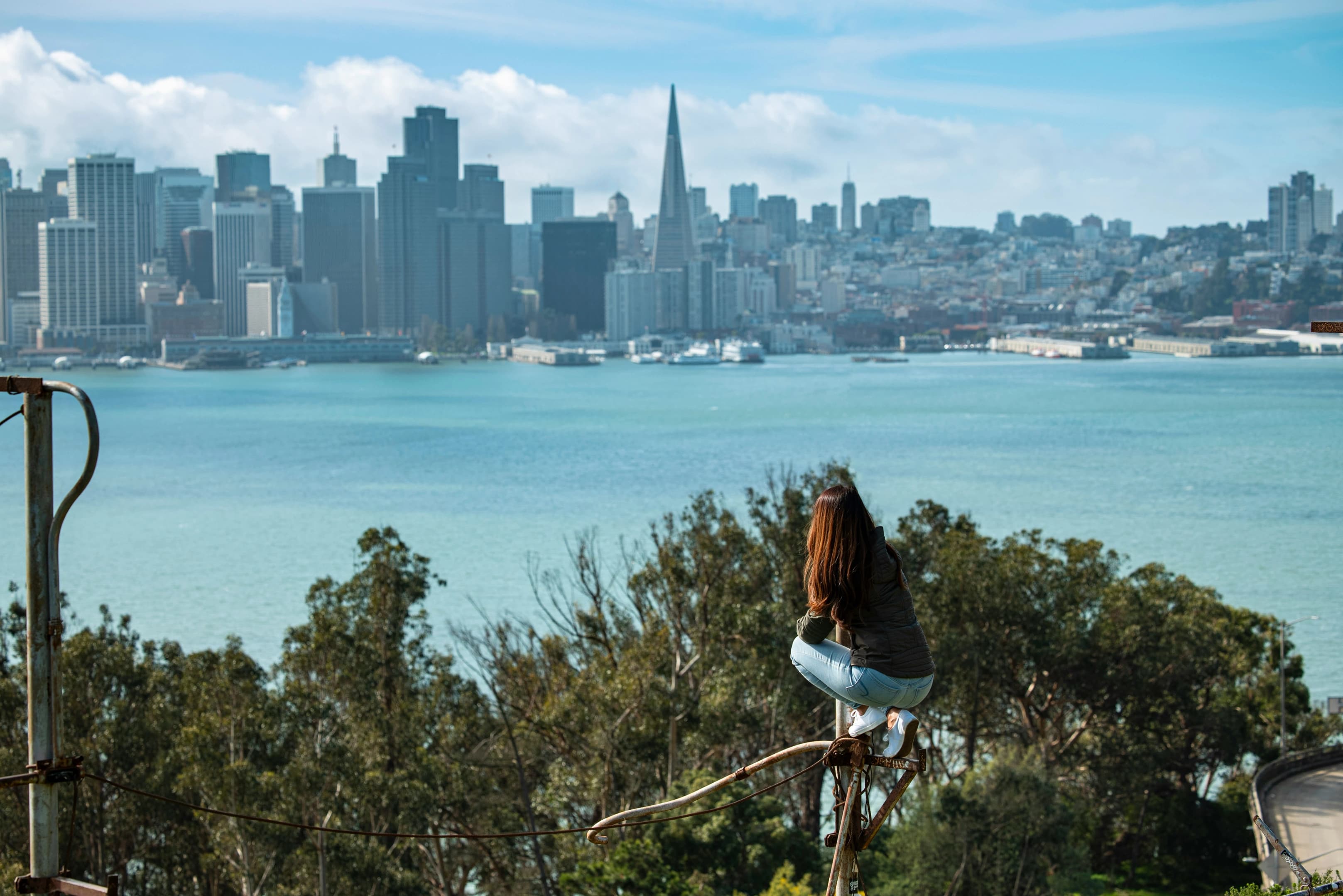 Photo of a woman climbing a tree in Oakland looking out on the San Francisco Skyline