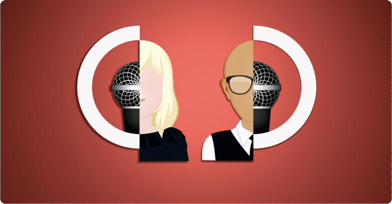 Illustration of Liz and Theory incorporated into the Decentered logo with a red background.
